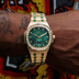 39MM Visionary Iced Emerald Stone Band Watch - Yellow Gold