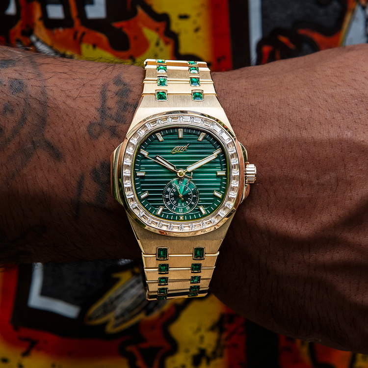39MM Visionary Gold Watch with Green Dial & Emerald Band | GLD