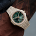 39MM Visionary Fully Iced Case & Green Dial Watch - Yellow Gold