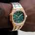 39MM Visionary Iced Emerald Stone Steel Band Watch - Rose Gold