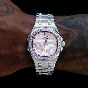Reloj de pulsera 39MM Visionary Moissanita con banda de piedra rosa helada - Oro blanco