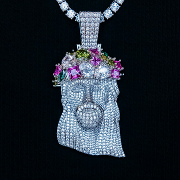 Large Diamond Portrait of Jesus Multicolor Stones Pendant - White Gold