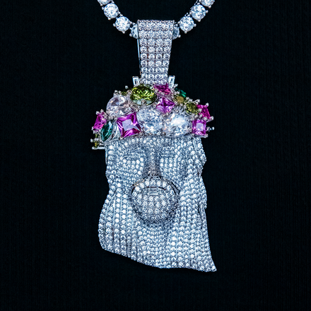 Large Diamond Portrait of Jesus Multicolor Stones Pendant - White Gold