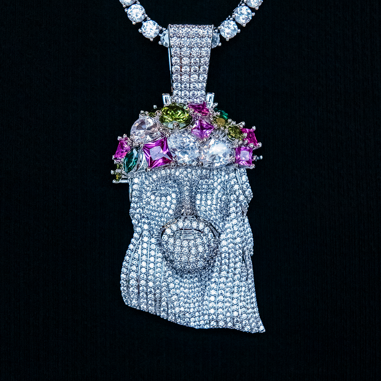 Large Diamond Portrait of Jesus Multicolor Stones Pendant - White Gold