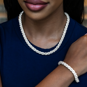 Diamond Rope Necklace + Bracelet Bundle in White Gold- 8mm