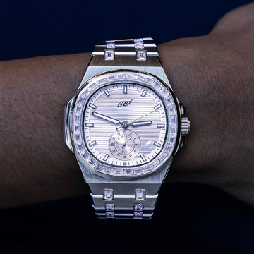 Reloj con correa de piedra rosa helada Visionary de 39 mm - Oro blanco