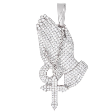 Men's Moissanite Praying Hands Pendant in White Gold Vermeil