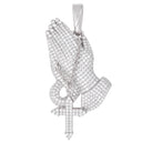 Colgante de manos orando de moissanita para hombre en plata vermeil de oro blanco
