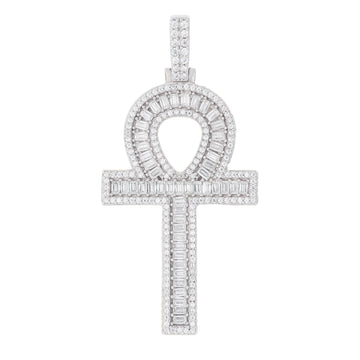 Men's Moissanite Ankh Cross Pendant in White Gold Vermeil