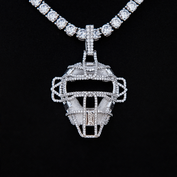 Iced Catchers Mask Baseball Pendant in White Gold