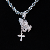 Micro Iced Praying Hands with Cross Pendant in White Gold