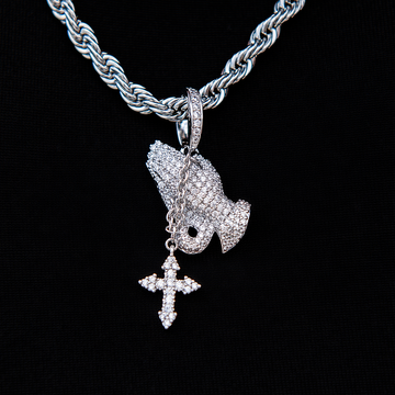 Micro Iced Praying Hands with Cross Pendant in White Gold