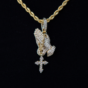 Micro Iced Praying Hands with Cross Pendant in Yellow Gold