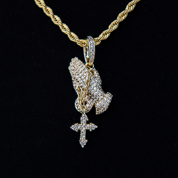 Micro Iced Praying Hands with Cross Pendant in Yellow Gold