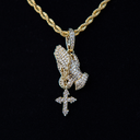 Micro Iced Praying Hands with Cross Pendant in Yellow Gold