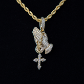 Micro Iced Praying Hands with Cross Pendant in Yellow Gold
