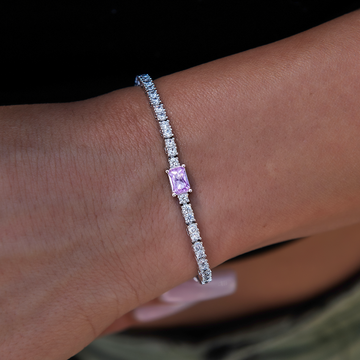 Pink Iced Rock Diamond Tennis Bracelet in White Gold