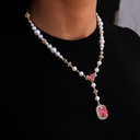 Pearl Ruby Gemstone Lariat Necklace in Yellow Gold