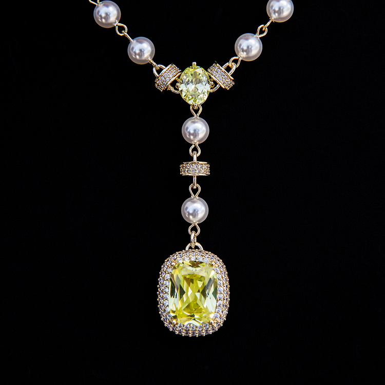Pearl Yellow Gemstone Lariat Necklace | Gold Elegance | GLD