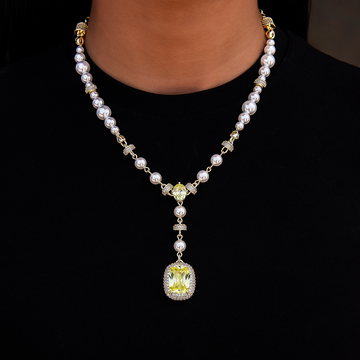 Pearl Canary Gemstone Lariat Necklace in Yellow Gold