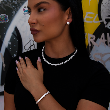 Eternity Heart Necklace + Cuff Bracelet + Heart Pave Stud Earrings in White Gold