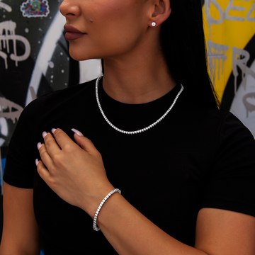 Diamond Tennis Necklace + Bracelet + 5mm Round Cut Earring Bundle in White Gold- 3mm