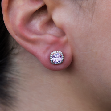 Pink Cushion Cut Stud Earrings in Rose Gold