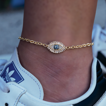 Iced Blue Evil Eye Anklet in Yellow Gold