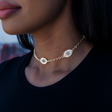 Iced Evil Eye Necklace in Yellow Gold