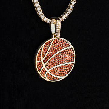 Orange Pave Basketball Pendant in Yellow Gold