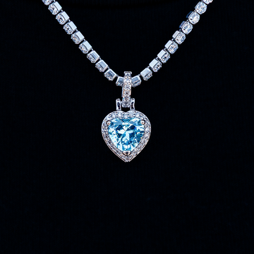 Micro Iced Blue Heart Pendant in White Gold
