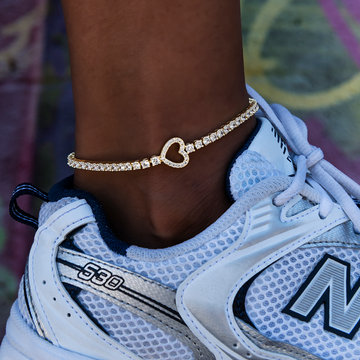 Heart Tennis Anklet in Yellow Gold- 3mm