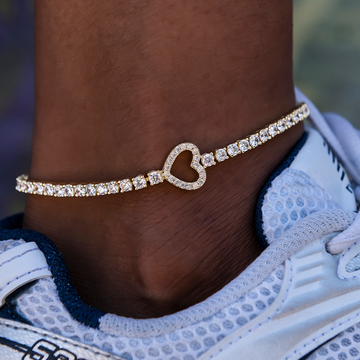 Heart Tennis Anklet in Yellow Gold- 3mm