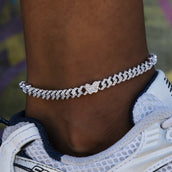 Butterfly Diamond Prong Cuban Anklet in White Gold