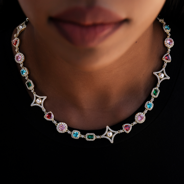 Collar de Perlas y Gemas de Color en Oro Amarillo - 17mm