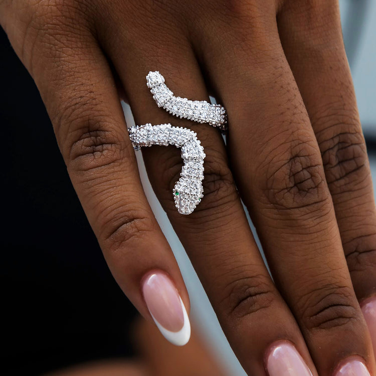 Iced Snake Wrap Ring in White Gold