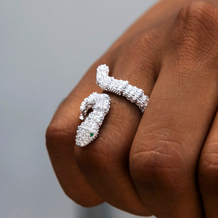 Iced Snake Wrap Ring in White Gold