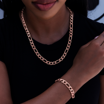 Figaro Necklace + Bracelet Bundle in Rose Gold- 6mm
