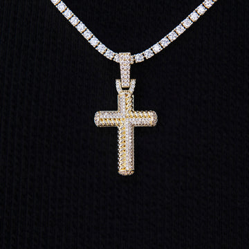 Iced Rope Mix Cross Pendant in Yellow Gold