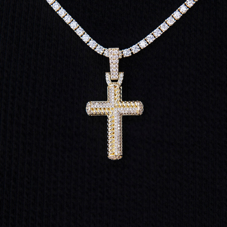 Iced Rope Mix Cross Pendant in Yellow Gold