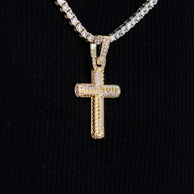 Iced Rope Mix Cross Pendant in Yellow Gold