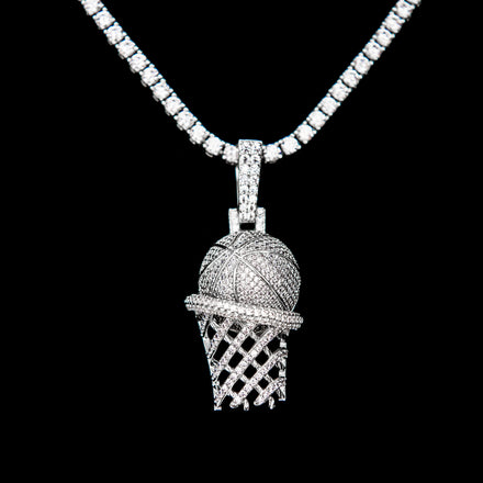 Iced Basketball Hoop Pendant in White Gold
