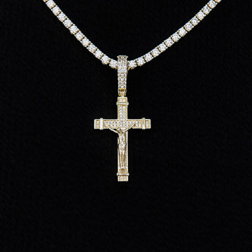 Iced Flat Crucifix Pendant in Yellow Gold