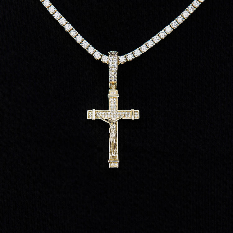 Iced Flat Crucifix Pendant in Yellow Gold