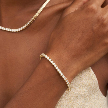 Conjunto de collar de tenis y pulsera de diamantes en oro amarillo - 3mm