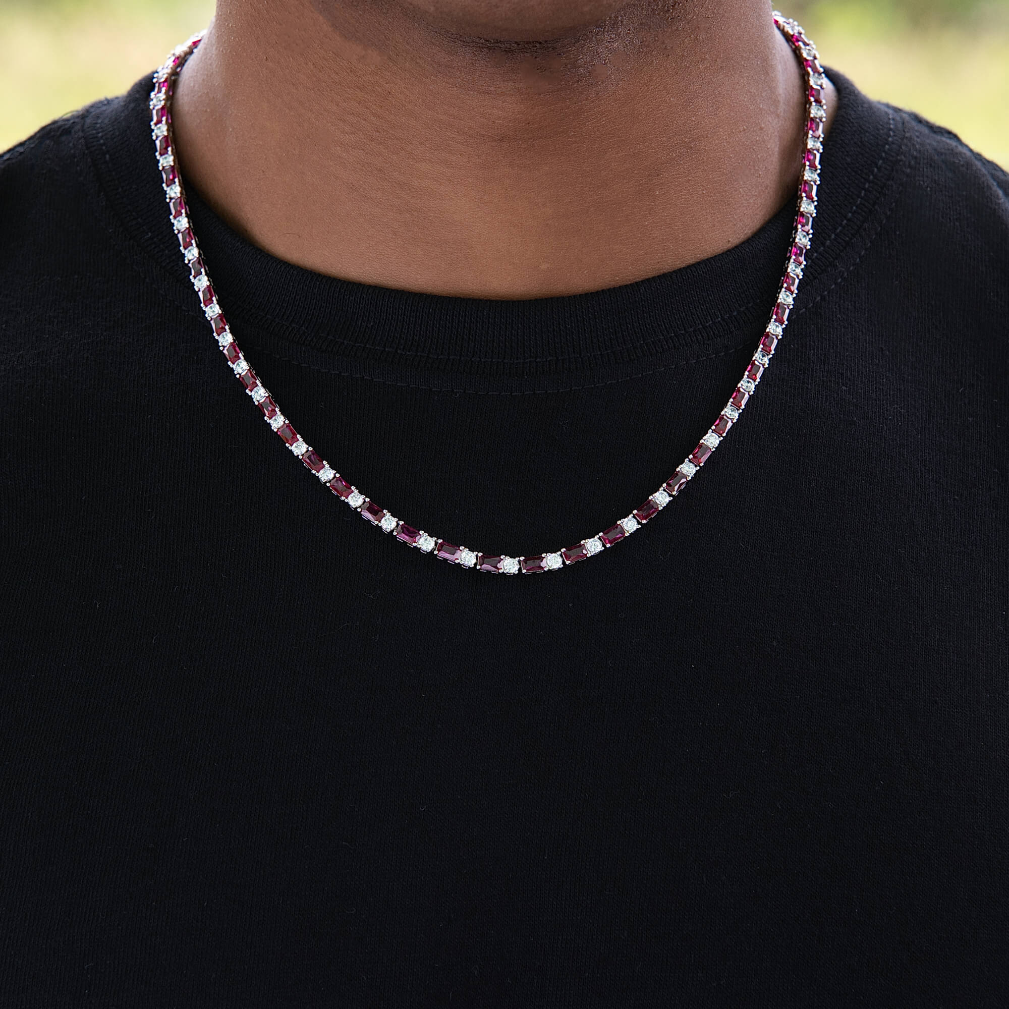 Ruby Baguette Tennis Chain in White Gold - 4MM- The GLD Shop