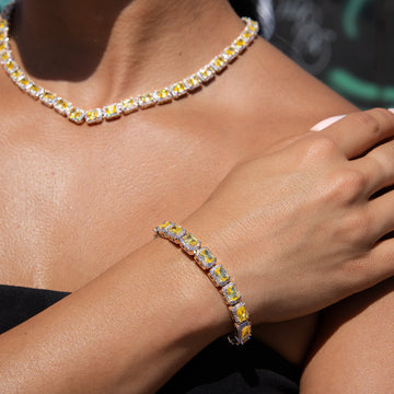 Iced Canary Cushion Cut Tennis Chain + Bracelet Bundle in White Gold - 7MM