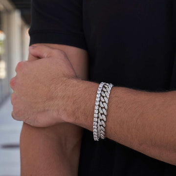 Paquete de pulseras de oro blanco: Cuban Link de diamante de 12 mm + tenis de 5 mm