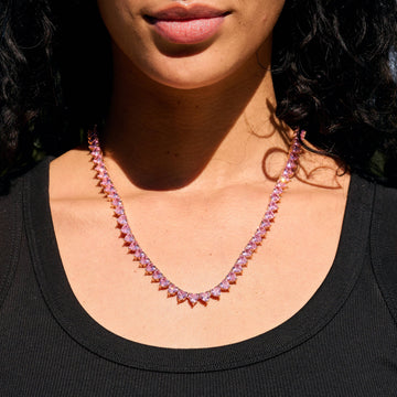 Pink Heart Diamond Tennis Necklace in Rose Gold - 6mm