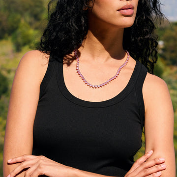 Pink Heart Diamond Tennis Necklace in Rose Gold - 6mm